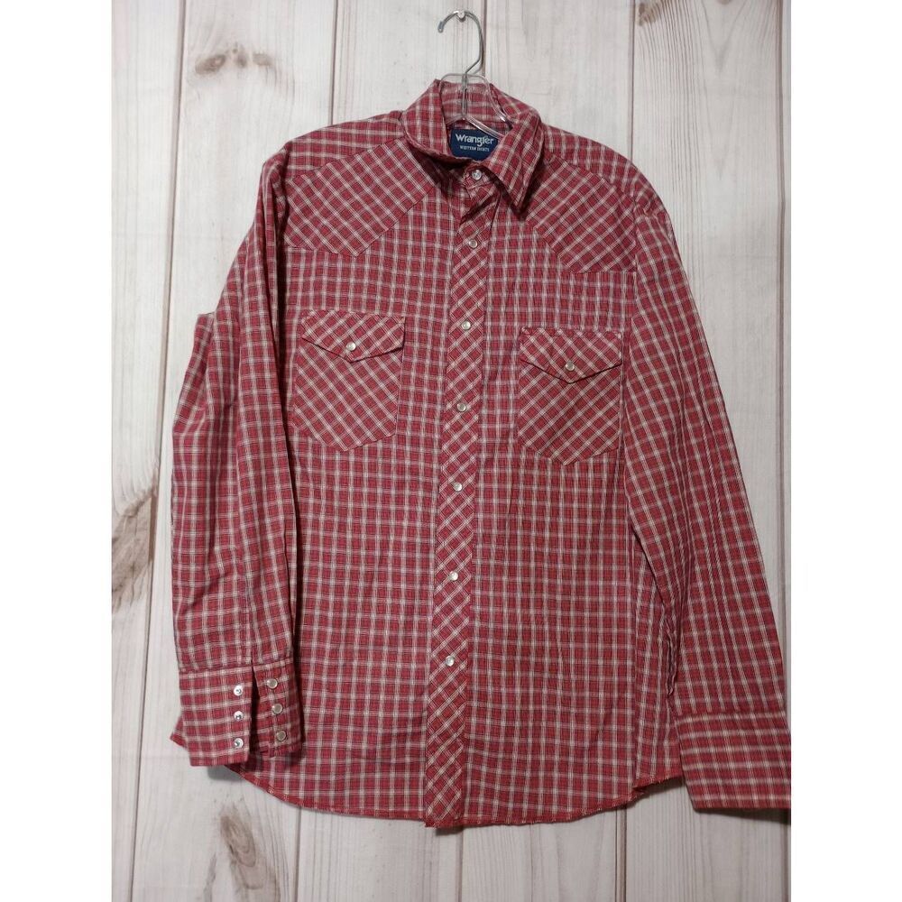 Wrangler Western Shirt Mens Medium Red Plaid Pearl Snap Long Sleeve Western